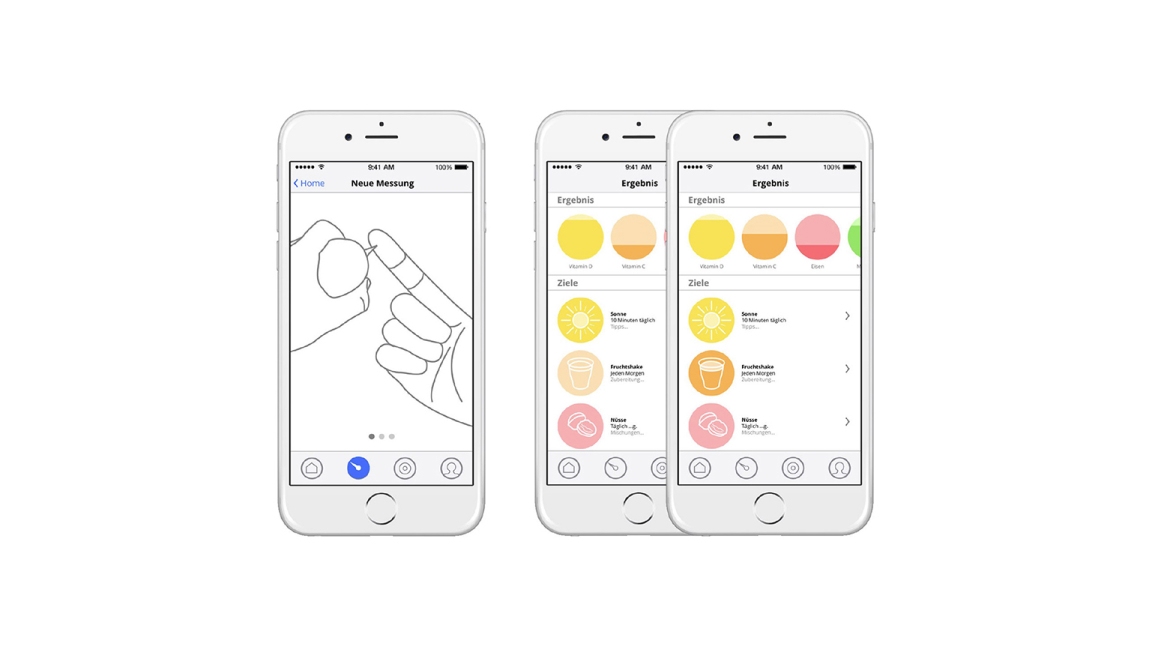 Three screen mockups showing a sharp device poking a hand and an overview of blood test resuts