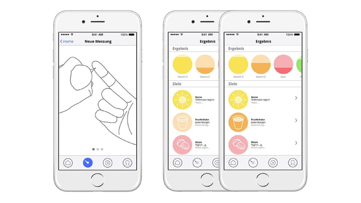three screen mockups showing a sharp device poking a hand and an overview of blood test resuts