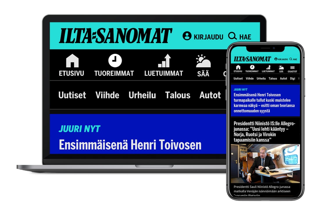 Laptop and iPhone showing the Ilta-Sanomat website with inverted colours and increased zoom.