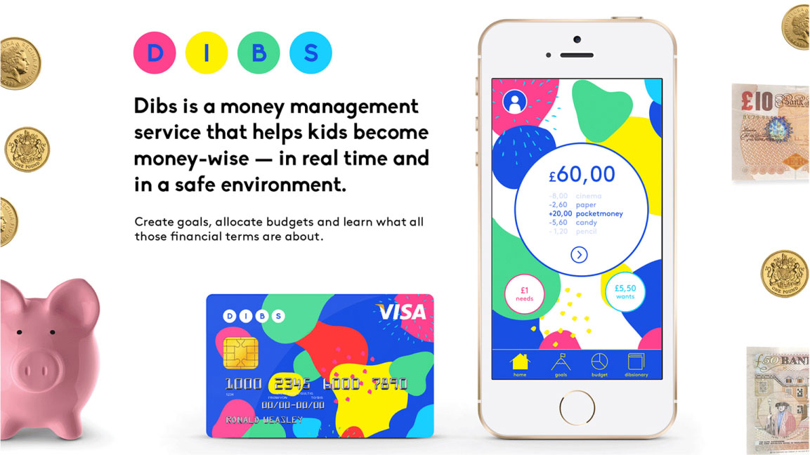 Phone mockup with a colourful interface showing money spendings next to a headline saying Dibs is a money management service that helps kids become money-wis