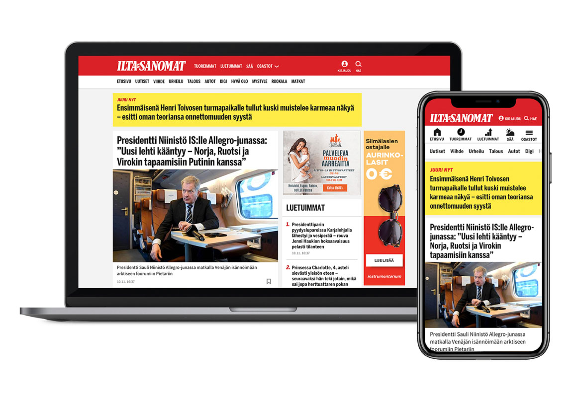 Laptop displaying the front page or Ilta-Sanomat