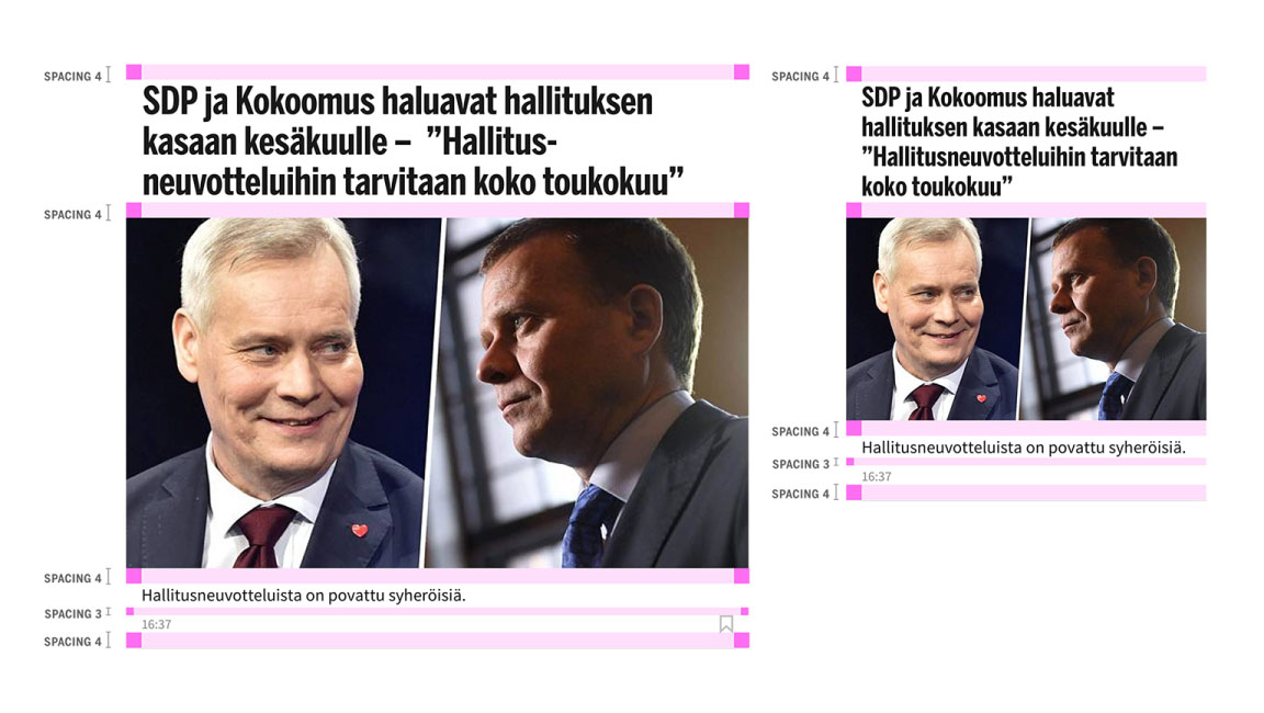 The news element of the website including coloured annotations indicating the spaces between the texts and images.