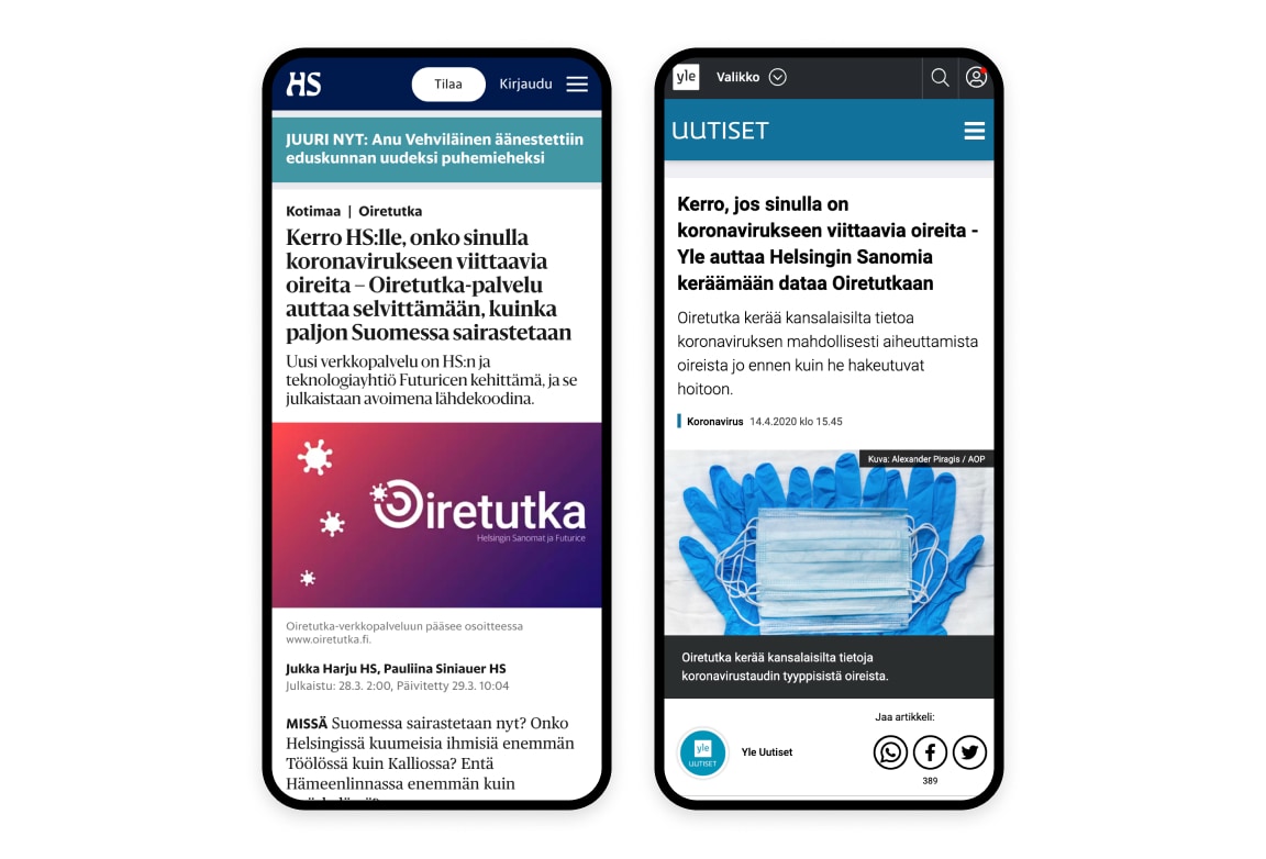 Two phone screens showing the Symptom radar related articles of Helsingin Sanomat and the YLE.